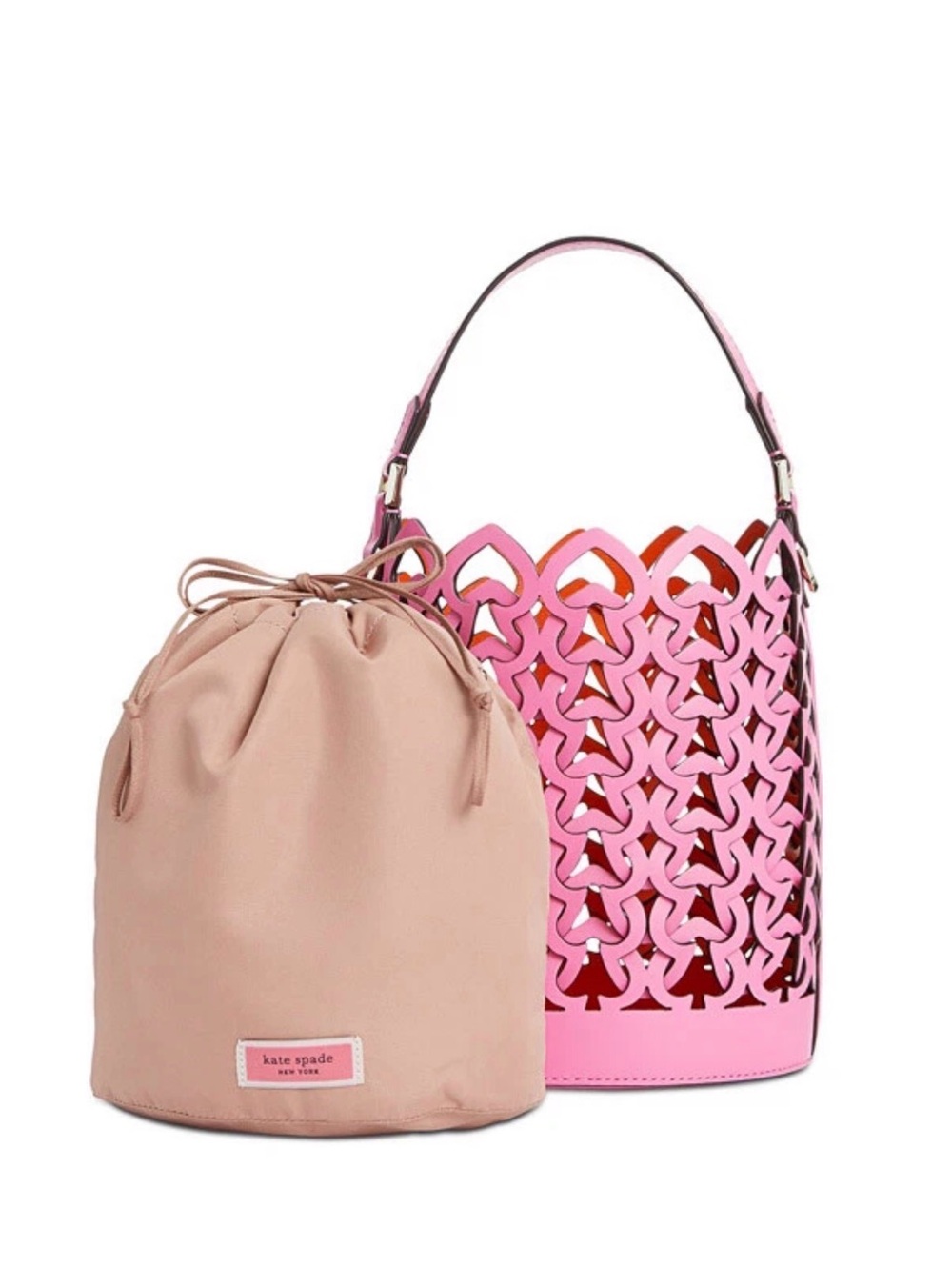 kate spade Pink Laser-Cut Bucket Tote with Blush Drawstring Pouch medium